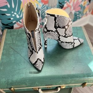 Nine West; Faux, black and white snakeskin bootie